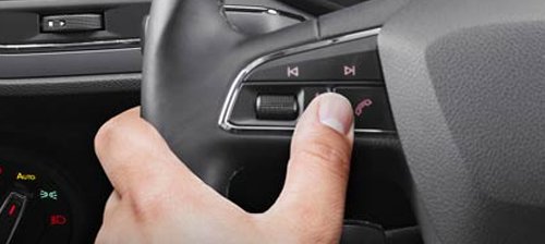 Hand pressing a steering wheel button.